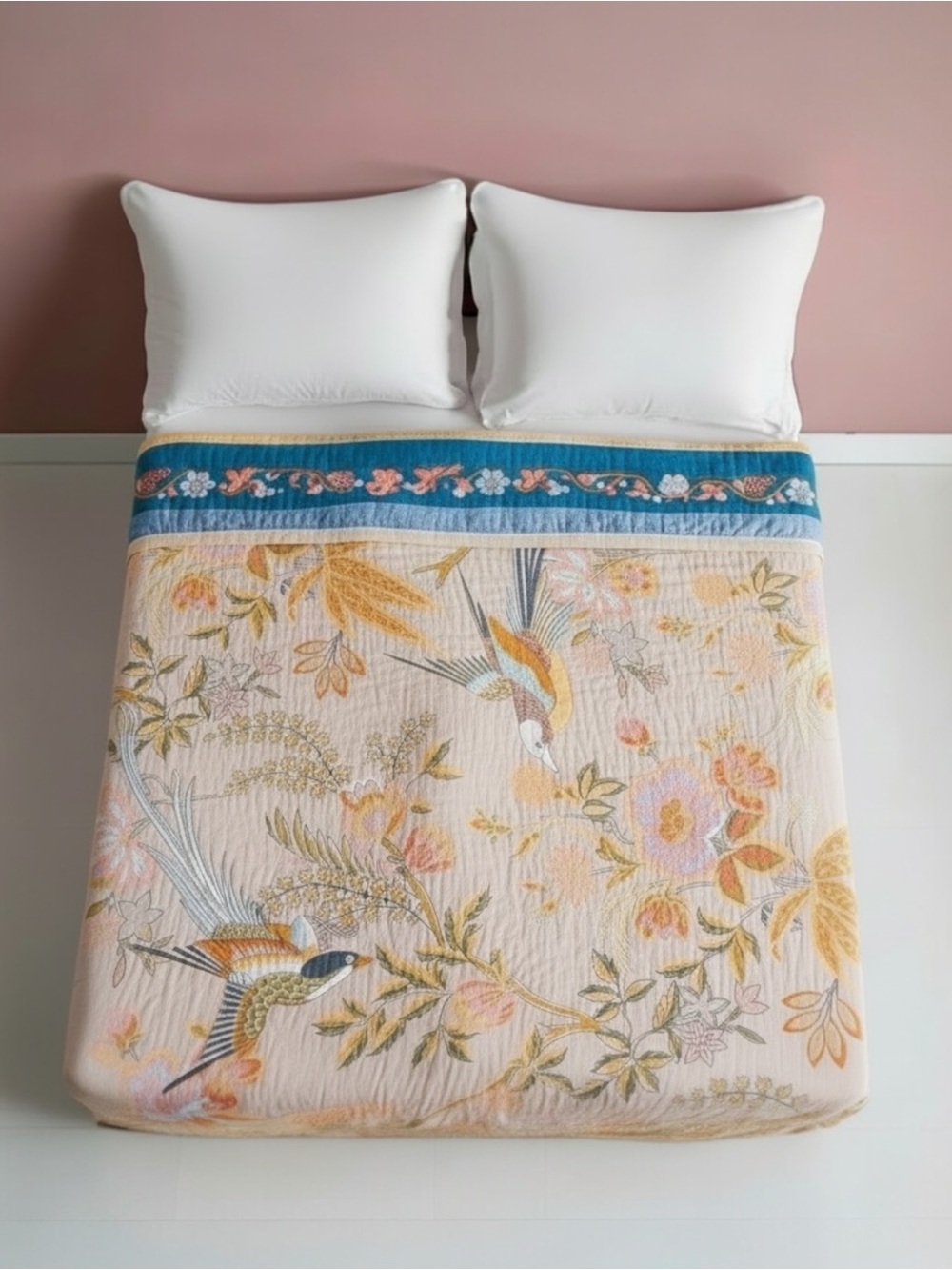 NEW Anthro XL Reversible Boho Bird Multicolor Queen / King Size Bedspread Quilt